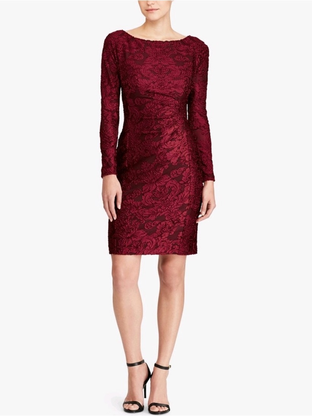 Ralph Lauren Burgundy Lace Dress long sleeve midi Christmas holiday wine maroon